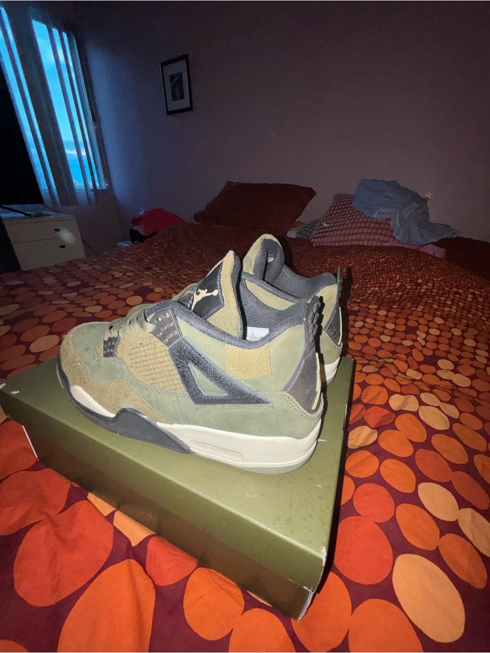 Jordan 4s Men's Retro Sneaker in Olive Green and Gray